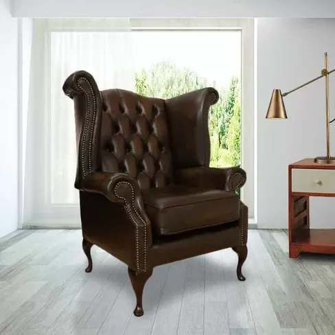 Chesterfield Queen Anne High Back Wing Chair Antique Brown Real Leather
