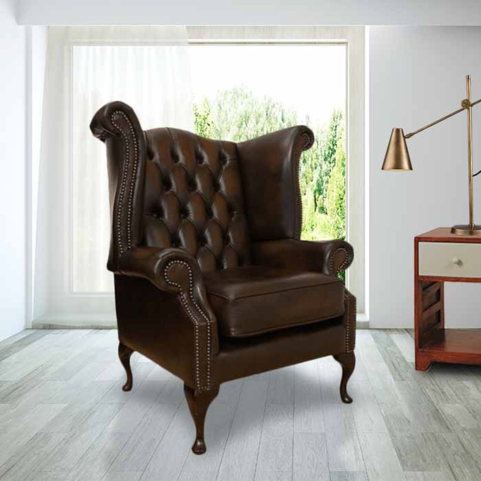 Product photograph of Chesterfield Queen Anne High Back Wing Chair Antique Brown Real Leather from Designer Sofas 4U