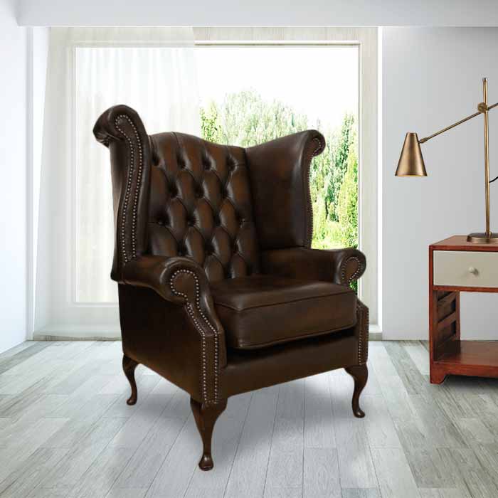 Chesterfield Queen Anne High Back Wing, Leather Queen Anne Recliner Chairs