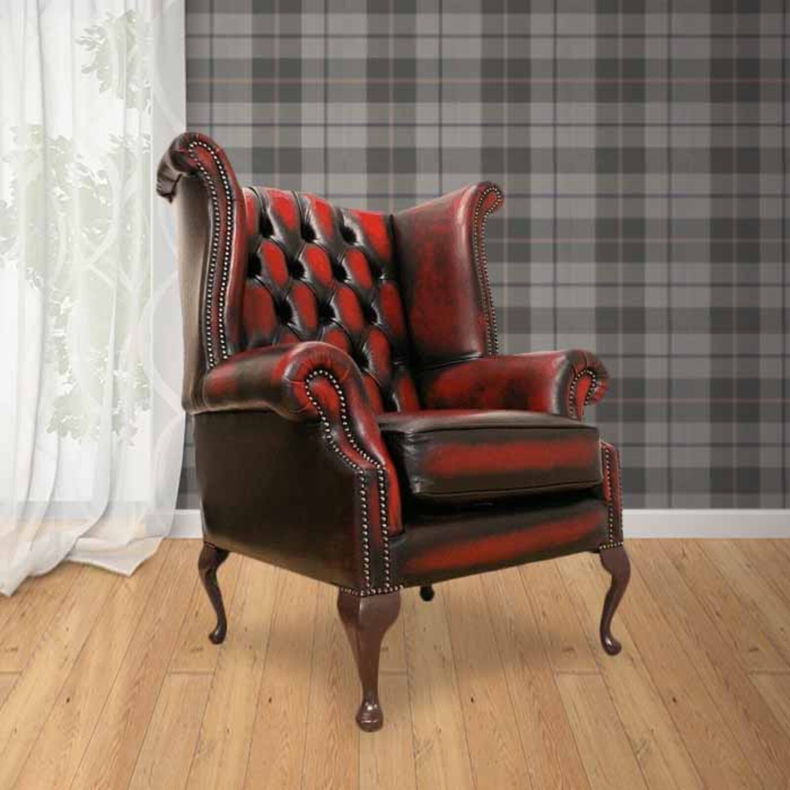 Product photograph of Chesterfield Queen Anne High Back Wing Chair Antique Oxblood Real Leather from Designer Sofas 4U