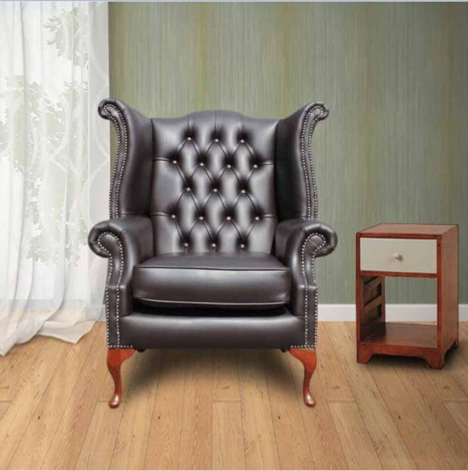 Product photograph of Chesterfield Queen Anne Wing Chair Shelly Havannah Brown Leather from Designer Sofas 4U