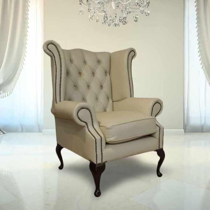Product photograph of Chesterfield Queen Anne High Back Wing Chair Uk Manufactured Ivory from Designer Sofas 4U
