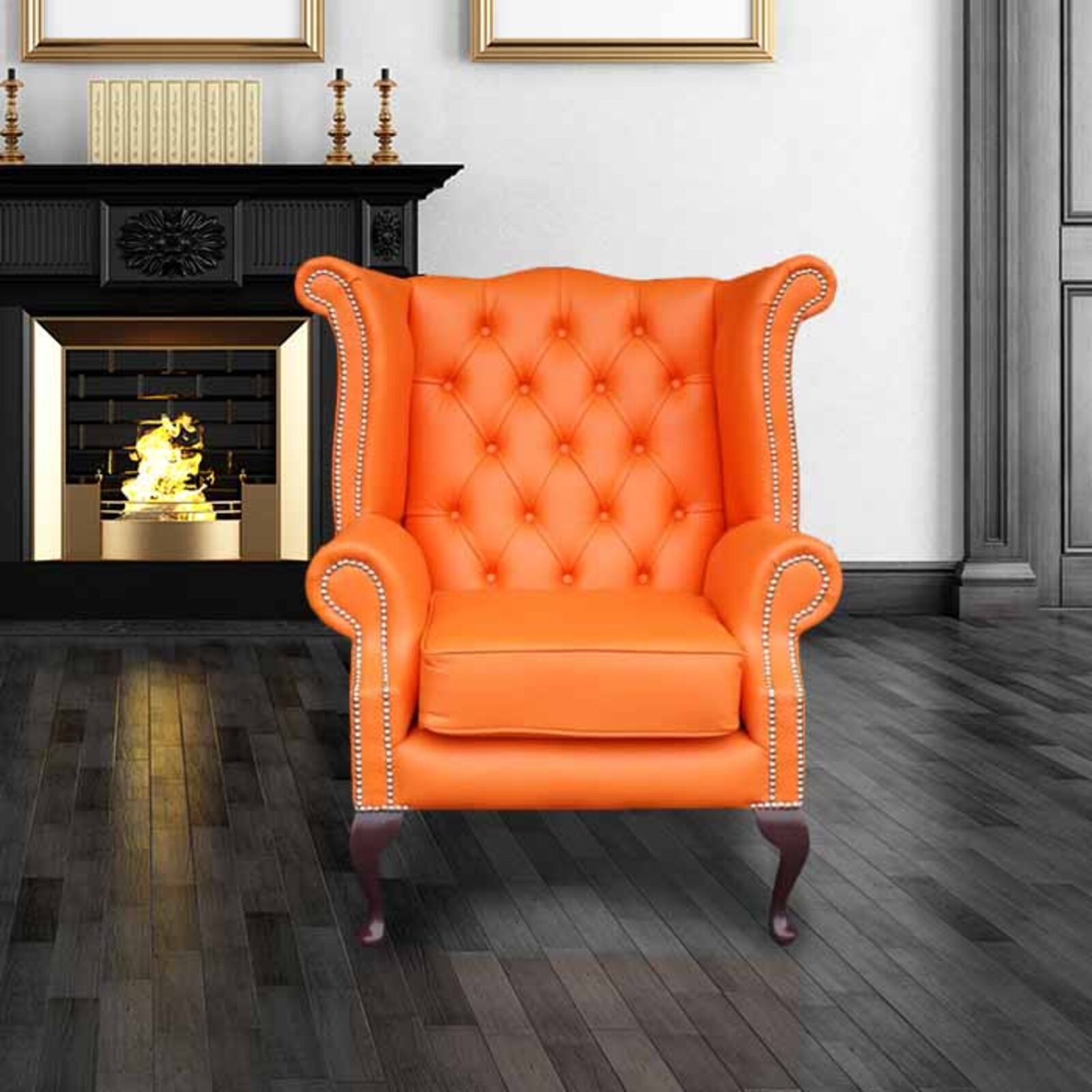 Product photograph of Chesterfield Queen Anne High Back Wing Chair Shelly Flamenco Orange Real Leather from Designer Sofas 4U