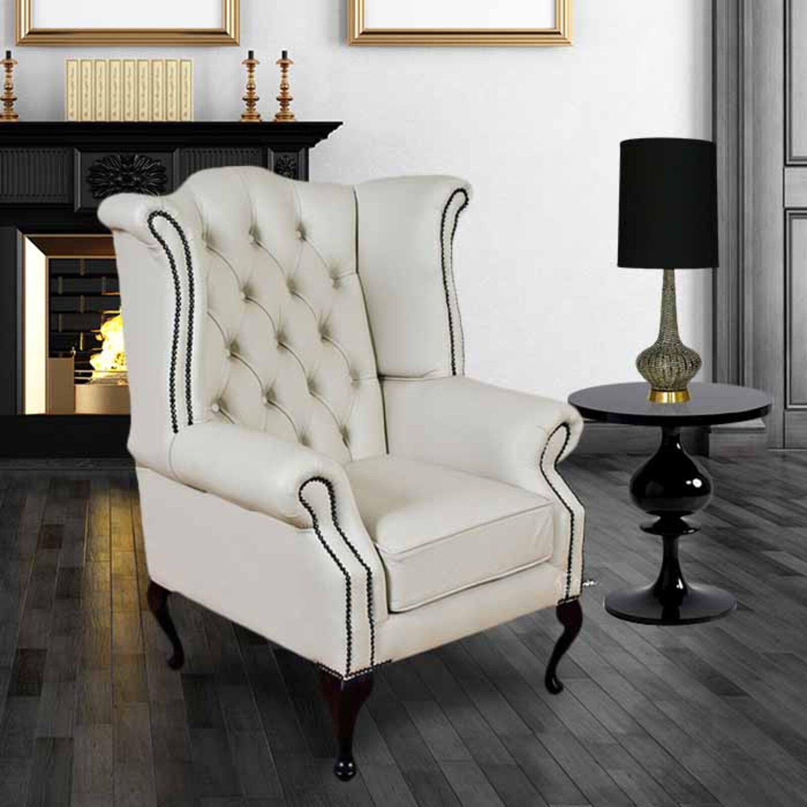 Product photograph of Chesterfield Queen Anne High Back Wing Chair Shelly White Real Leather from Designer Sofas 4U