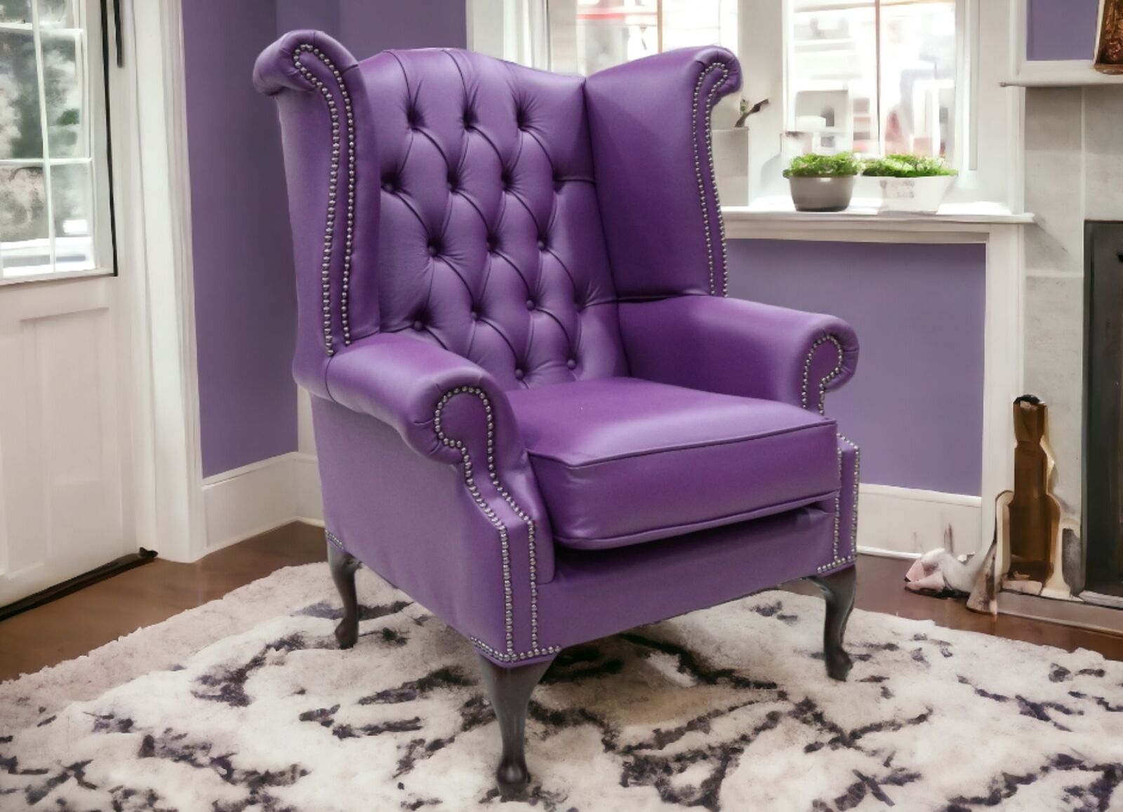Product photograph of Chesterfield Queen Anne High Back Wing Chair Uk Manufactured Wineberry from Designer Sofas 4U