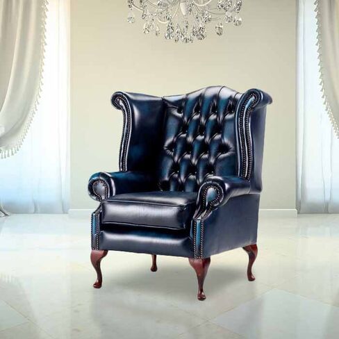 Chesterfield Queen Anne High Back Wing Chair Antique Blue Real Leather