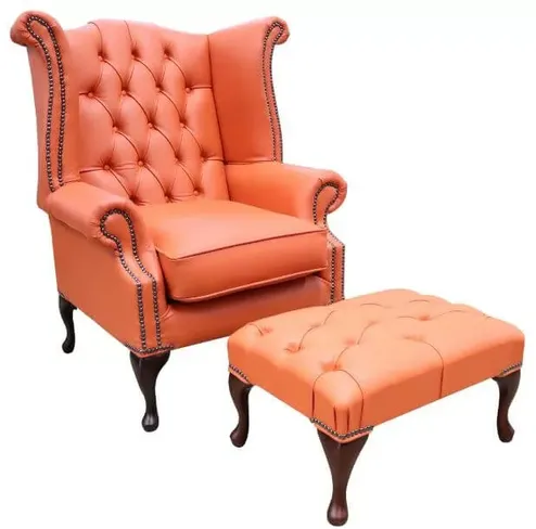 Chesterfield Offer Queen Anne High Back Wing Chair Flamenco Orange Leather Footstool