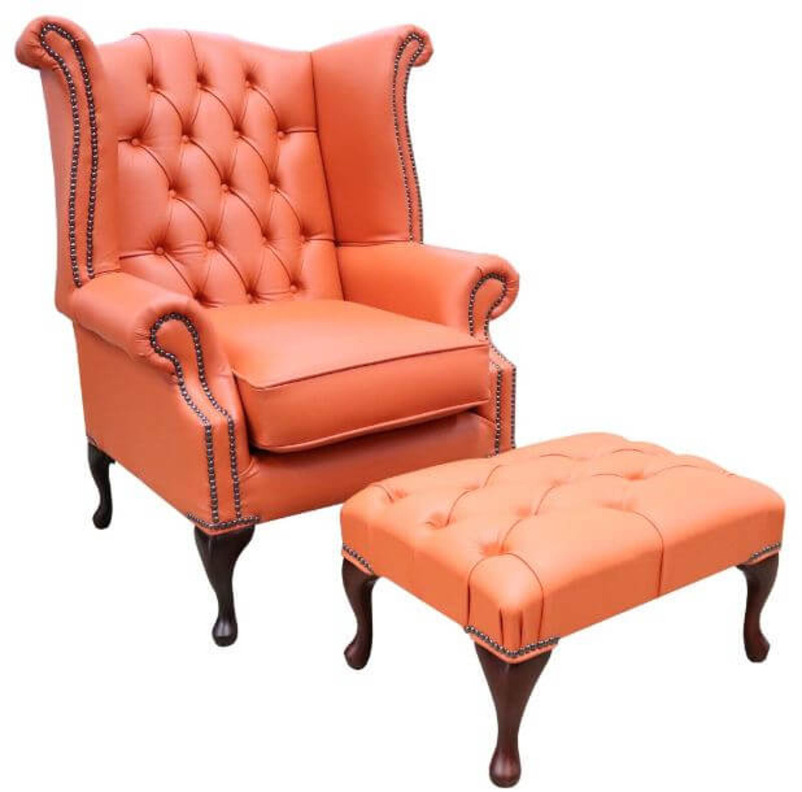 Product photograph of Chesterfield Offer Queen Anne High Back Wing Chair Flamenco Orange Leather Footstool from Designer Sofas 4U