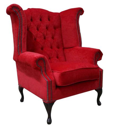 Chesterfield Fabric Queen Anne High Back Wing Chair Pimlico Rouge Red