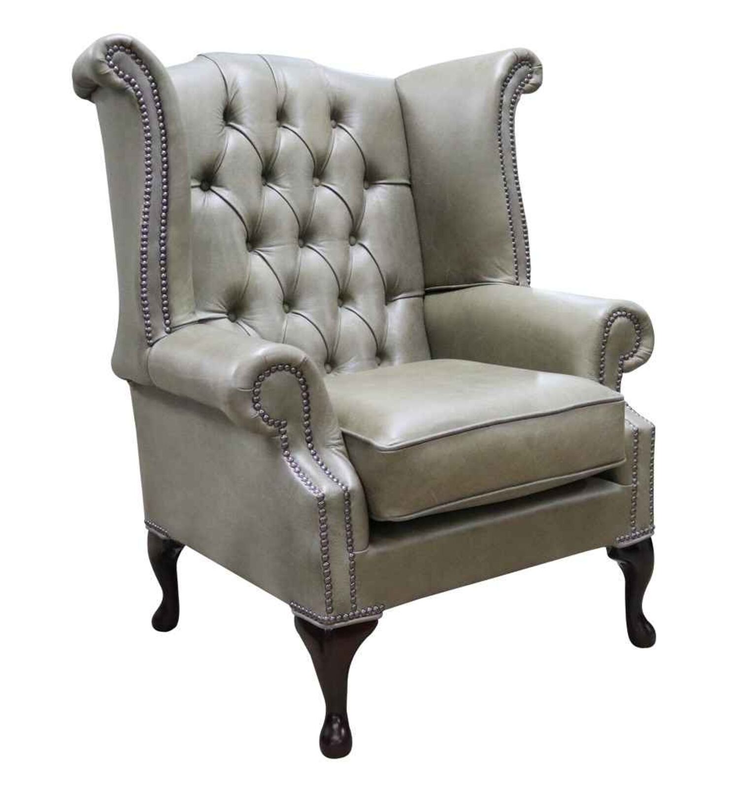 Product photograph of Chesterfield Queen Anne High Back Wing Chair Selvaggio Sage Green Leather from Designer Sofas 4U