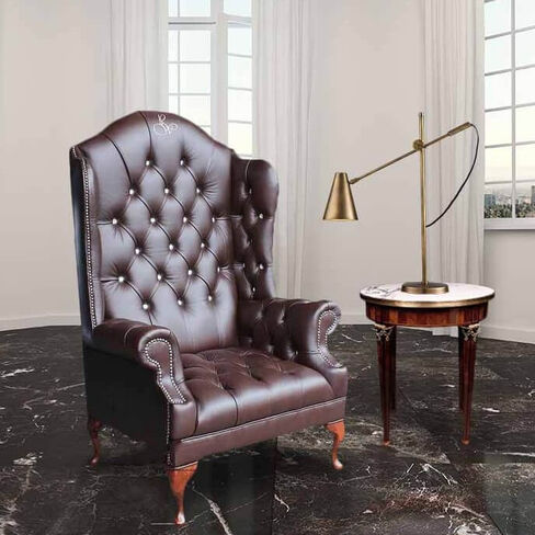 Chesterfield Scarface Chair Embroidered CRYSTALLIZED™ Elements Queen Anne High Back Wing Chair Antique Brown Leather