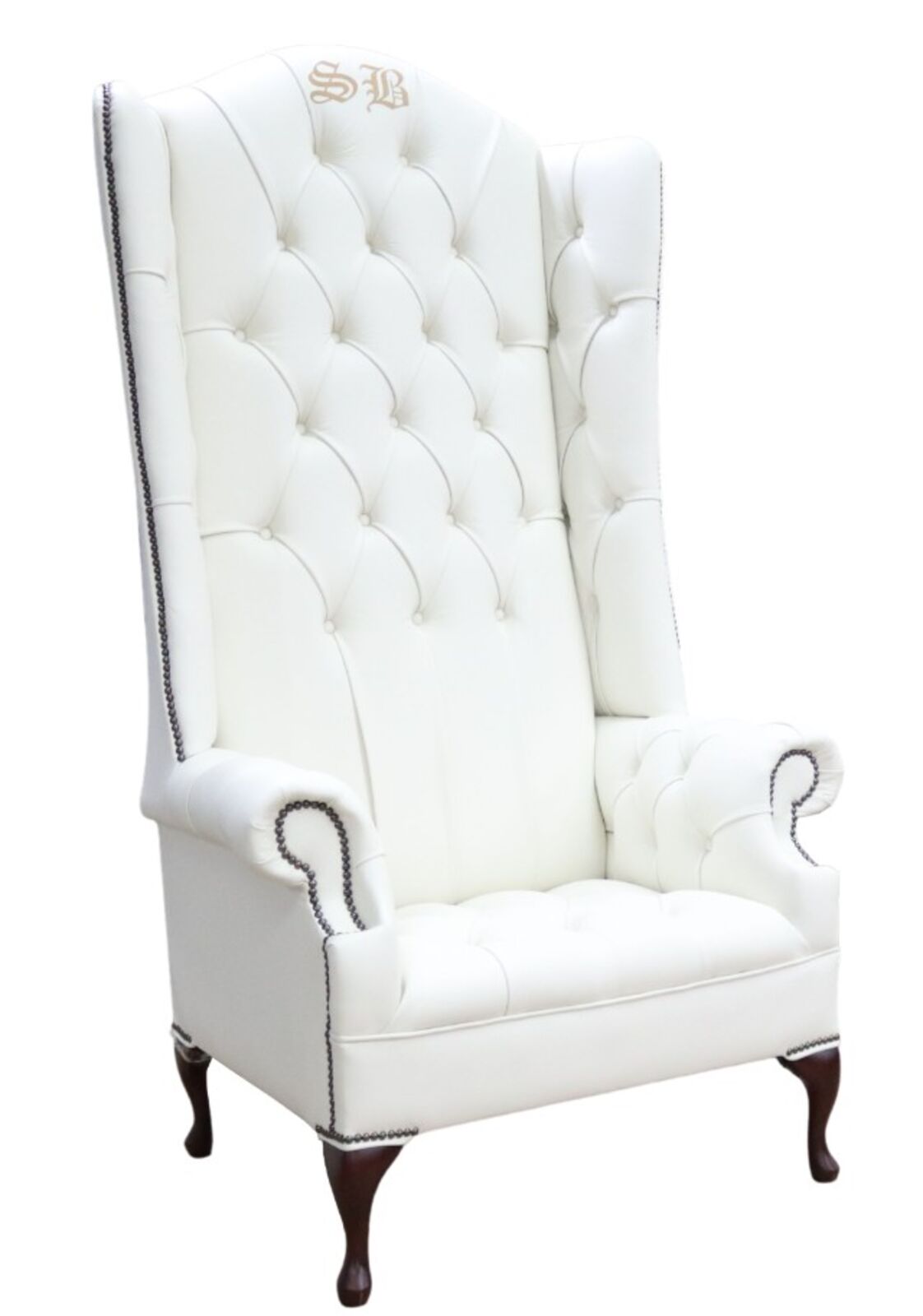 Product photograph of Chesterfield Scarface Chair Embroidered Elements High Back Wing Chair White Leather from Designer Sofas 4U