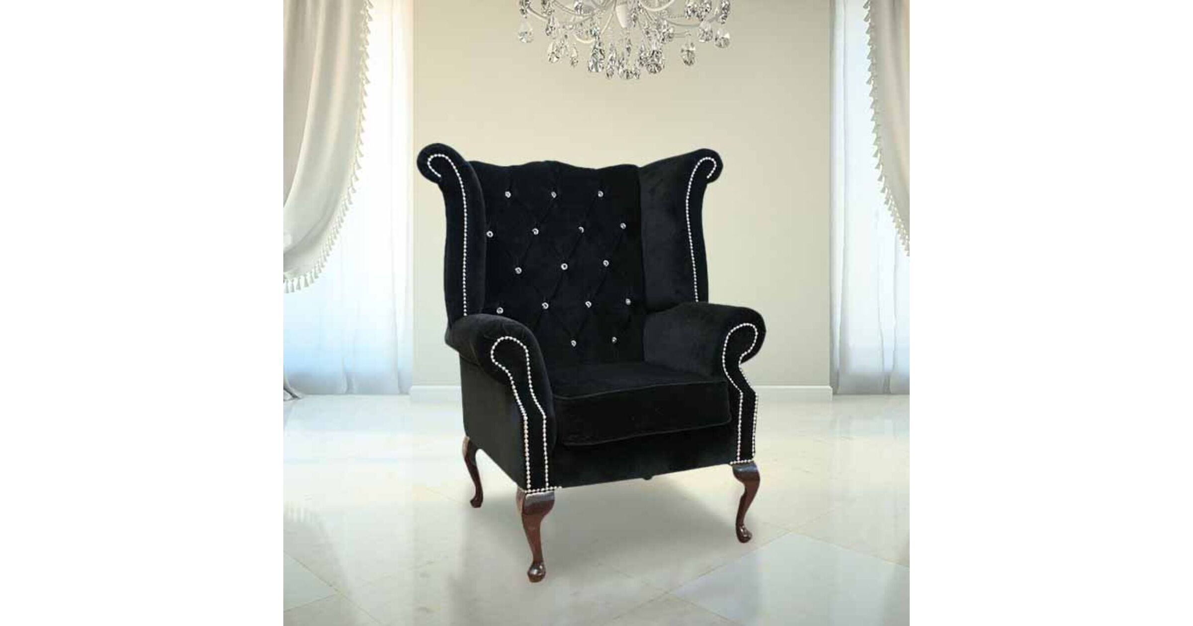 Black Velvet Beauty Queen Anne High Back Wing Chair with Crystalsc