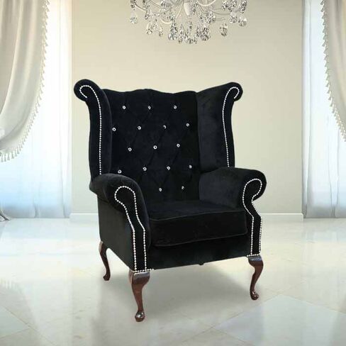 Boutique Black Velvet Chesterfield Crystal Queen Anne High Back Wing Chair | DesignerSofas4U