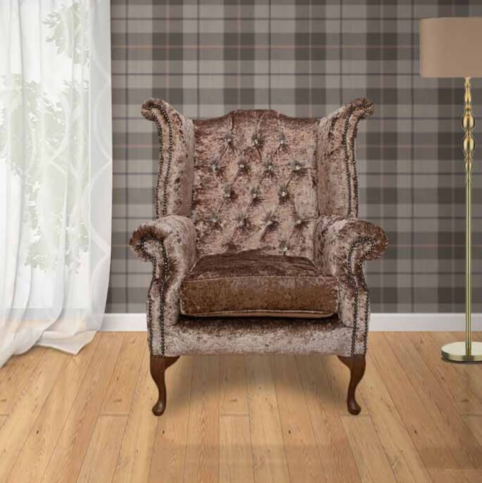 Product photograph of Chesterfield Crystal Queen Anne High Back Wing Chair Boutique Mink Velvet from Designer Sofas 4U