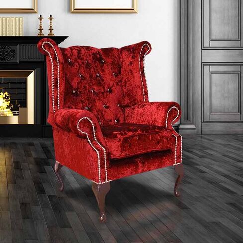 Chesterfield Crystal Queen Anne High Back Wing Chair Boutique Wine Velvet