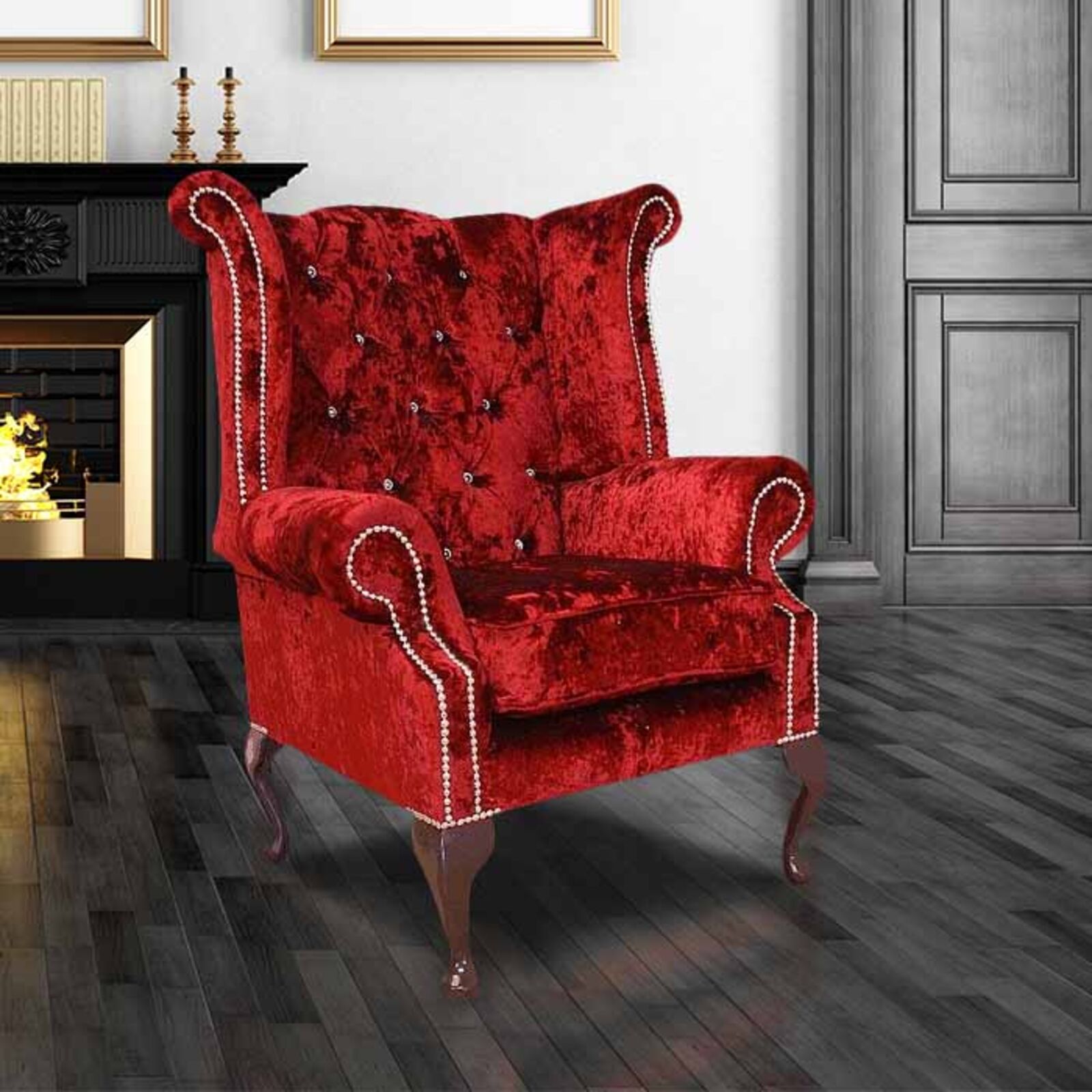 Product photograph of Chesterfield Crystal Queen Anne High Back Wing Chair Boutique Wine Velvet from Designer Sofas 4U