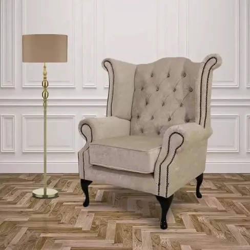 Ivory Velvet  Queen Anne with Crystals High Back Wing chair | DesignerSofas4U