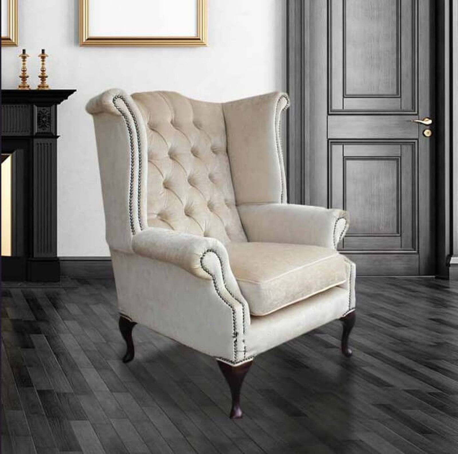 Product photograph of Chesterfield Queen Anne High Back Wing Chair Perla Shell Velvet from Designer Sofas 4U