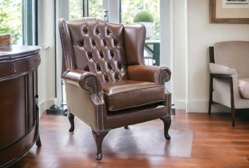 Product photograph of Chesterfield Mallory High Back Wing Chair Newcastle Cigar Leather from Designer Sofas 4U