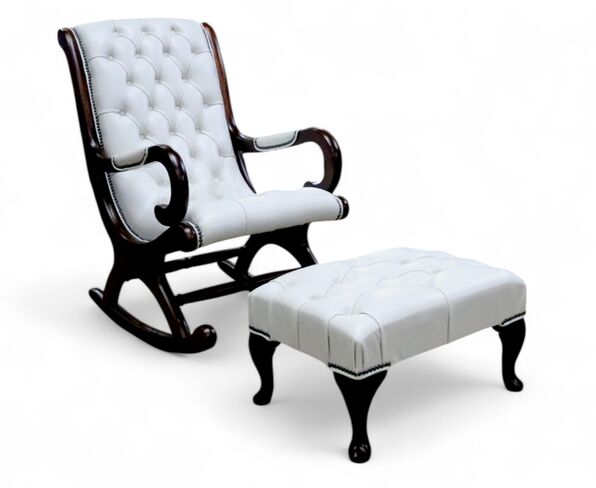 Chesterfield York Slipper Rocking Chair Old English Ghost White Leather With Foostool