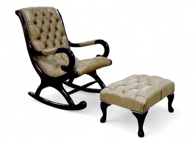 Chesterfield York Slipper Rocking Chair Old English Parchment Leather With Foostool