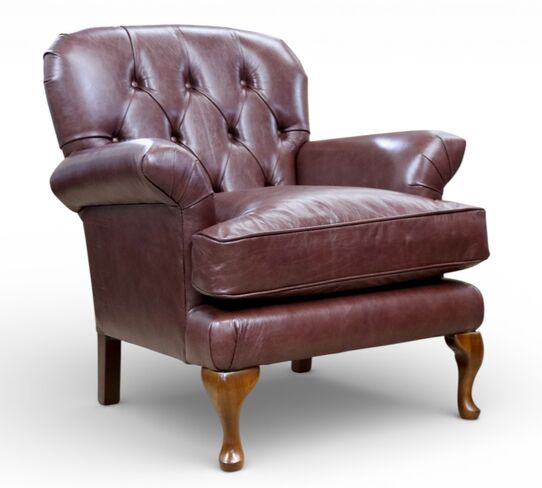 Classic Chesterfield Tufted Brown Leather Armchair with Solid Wood Legs