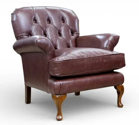 Classic Chesterfield Tufted Brown Leather Armchair with Solid Wood Legs
