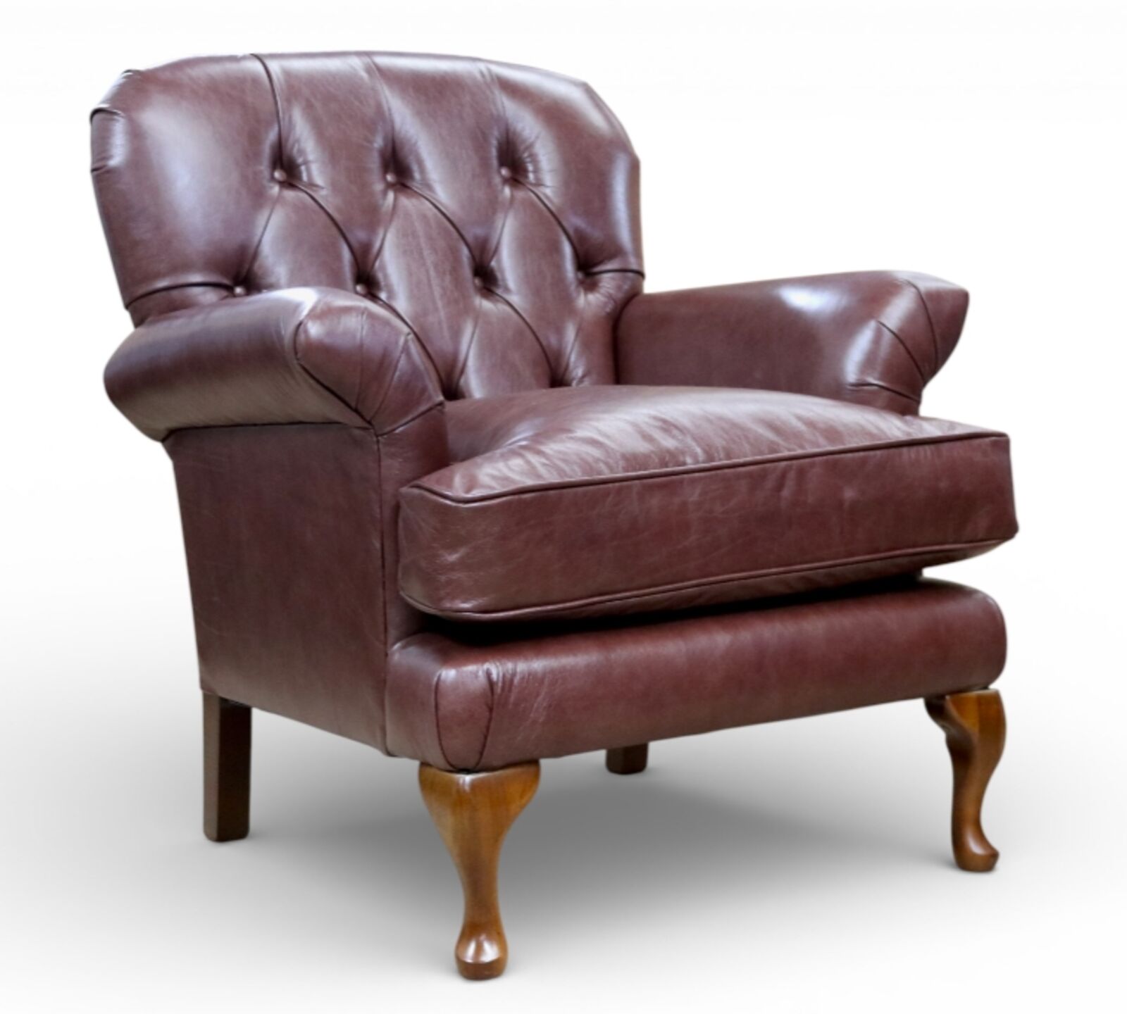 Classic Chesterfield Tufted Brown Leather Armchair with Solid Wood Legs