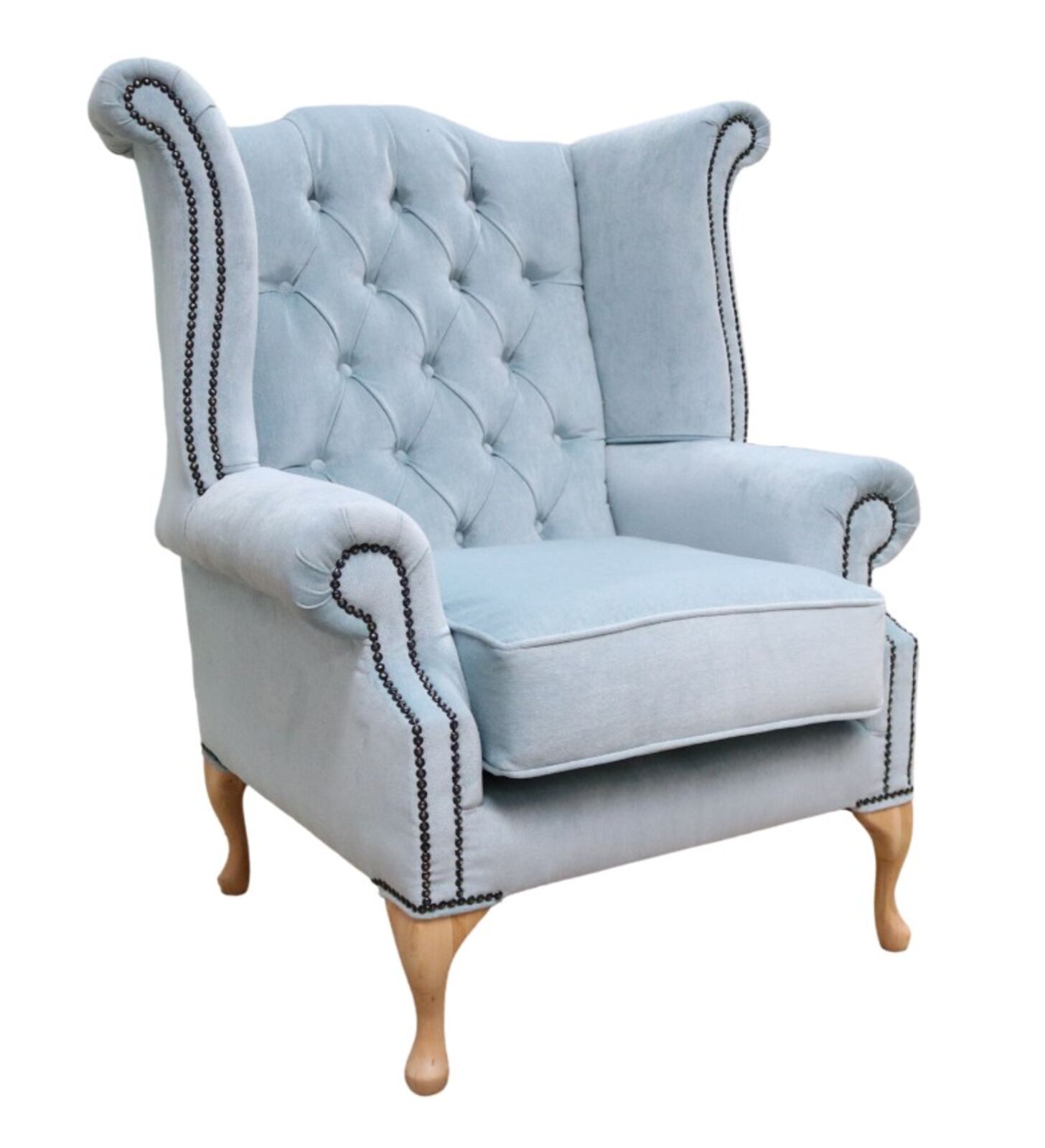 Product photograph of Chesterfield Duck Egg Blue Queen Anne Chair from Designer Sofas 4U