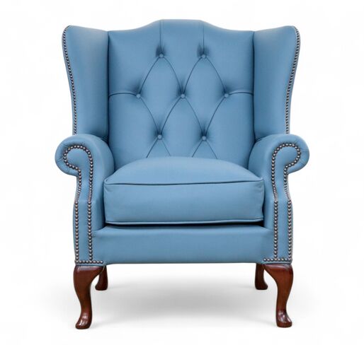 SPECIAL OFFER Duke Chesterfield Queen Anne Flat Wing High Back Wing Chair Shelly Parlour Blue Leather