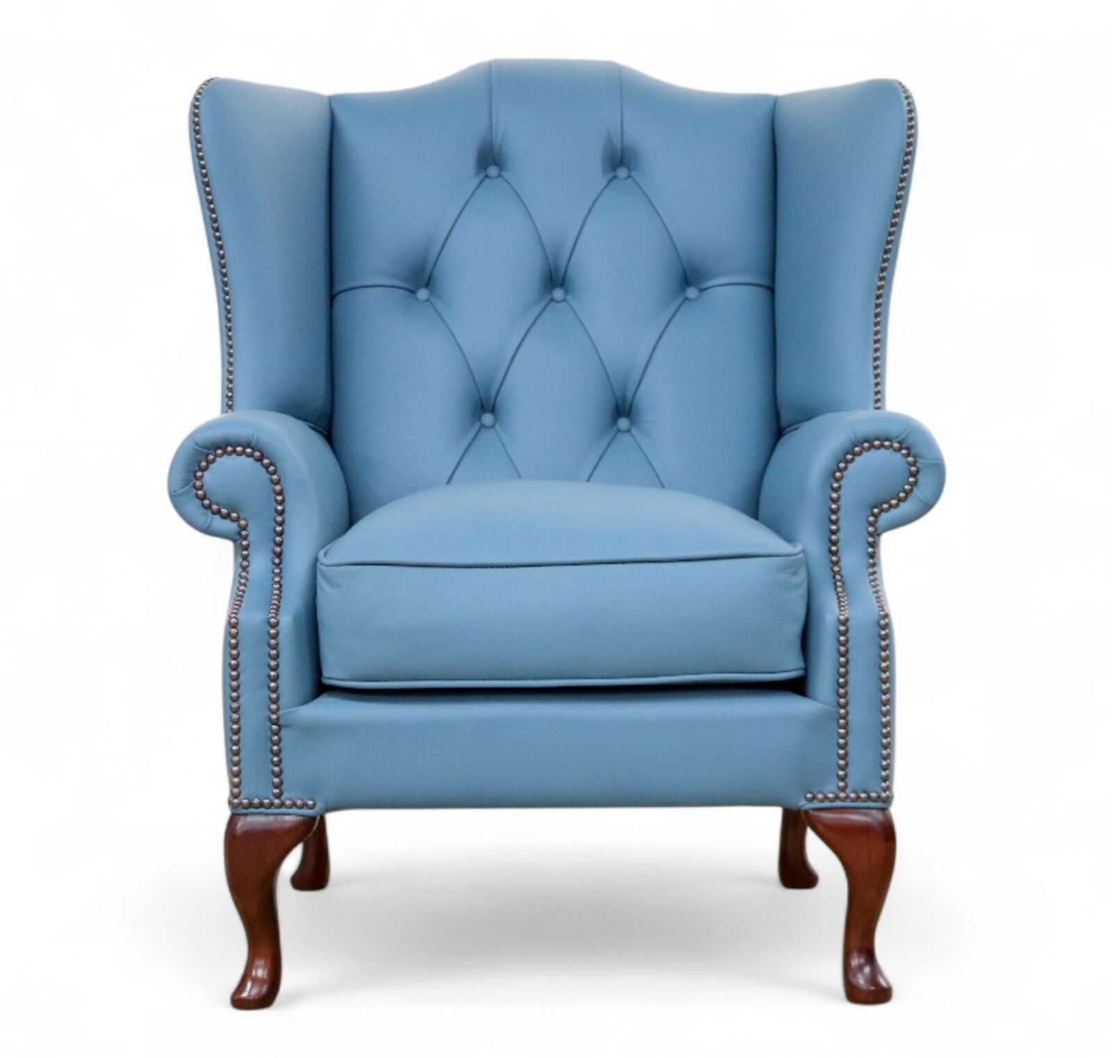 Duke Chesterfield Queen Anne Flat Wing High Back Wing Chair Shelly Parlour Blue Leather
