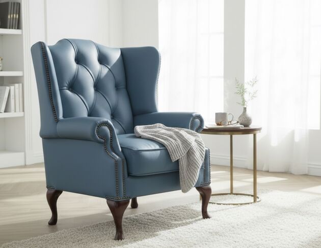 Duke Chesterfield Queen Anne Flat Wing High Back Wing Chair Shelly Parlour Blue Leather