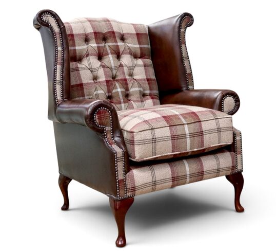 Duke Chesterfield Queen Anne High Back Wing Chair Antique Brown Leather & Balmoral Mulberry