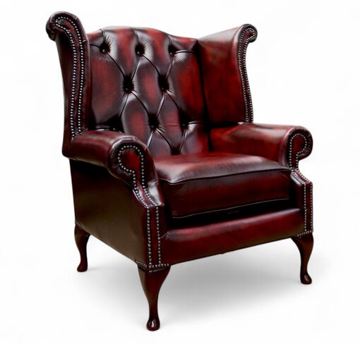 Duke Chesterfield Queen Anne High Back Wing Chair Antique Oxblood Leather
