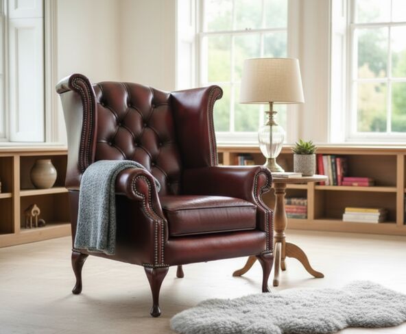 Duke Chesterfield Queen Anne High Back Wing Chair Antique Oxblood Leather