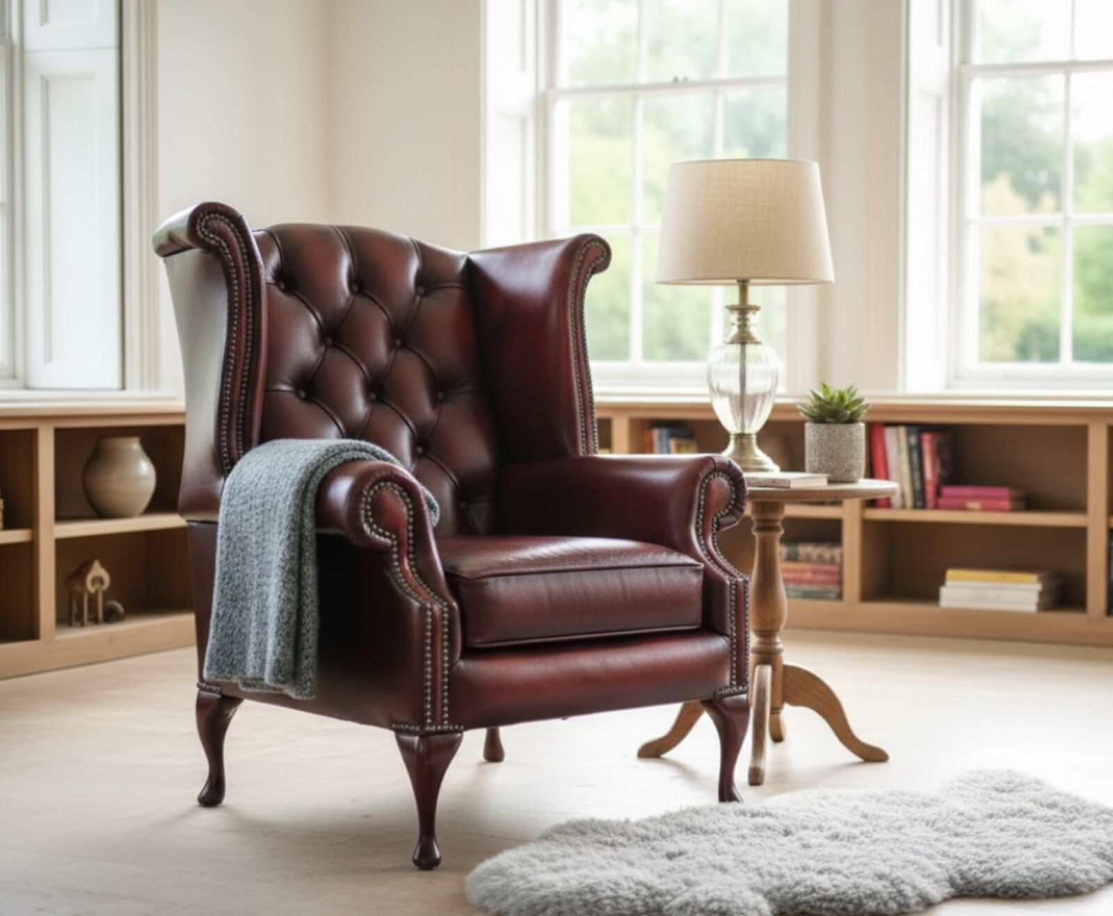 Duke Chesterfield Queen Anne High Back Wing Chair Antique Oxblood Leather