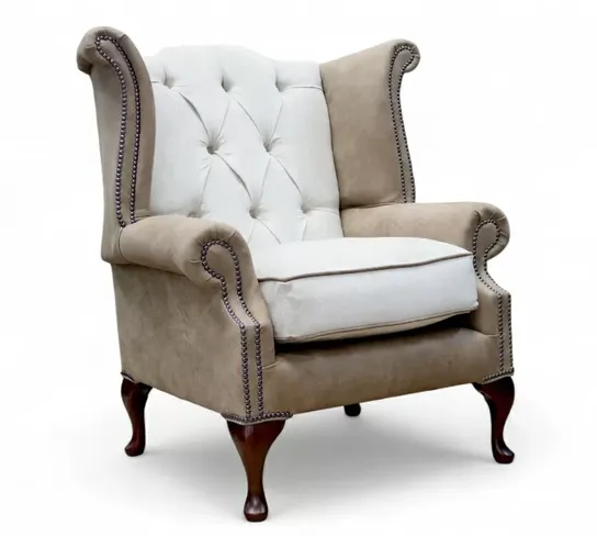 Duke Chesterfield Queen Anne High Back Wing Chair Brunel Cedar Leather & Opulence Putty Fabric