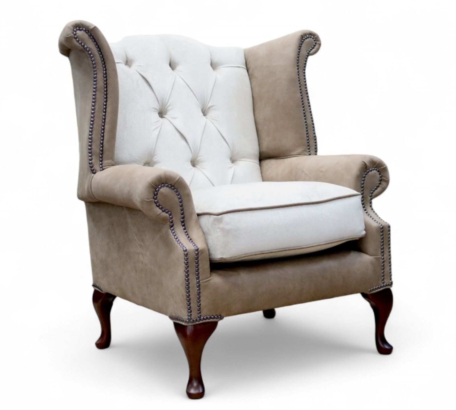 Duke Chesterfield Queen Anne High Back Wing Chair Brunel Cedar Leather & Opulence Putty Fabric