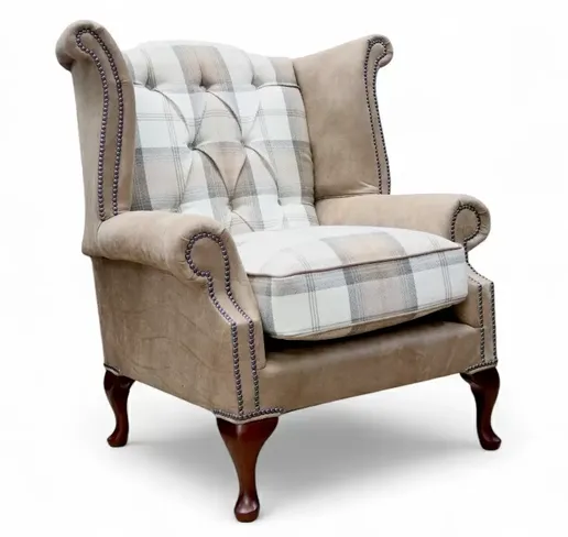 Duke Chesterfield Queen Anne High Back Wing Chair Brunel Cedar Leather & Balmoral Oatmeal