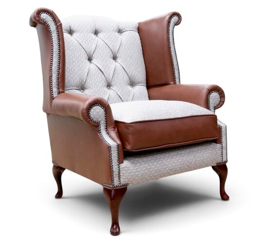 Duke Chesterfield Queen Anne High Back Wing Chair Castagna Leather & Charm Latte Fabric