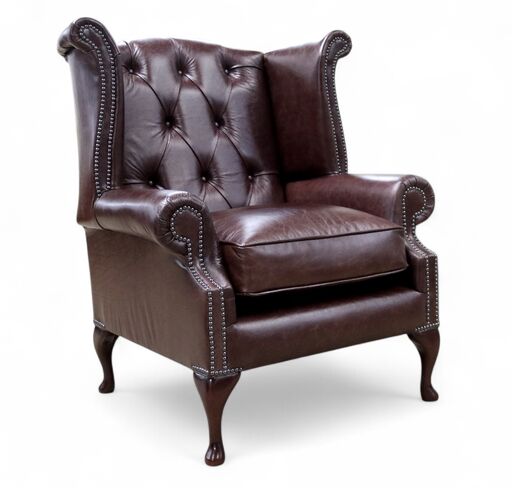 Duke Chesterfield Queen Anne High Back Wing Chair Old English Red Brown Leather