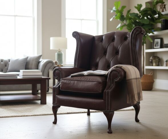 Duke Chesterfield Queen Anne High Back Wing Chair Old English Red Brown Leather