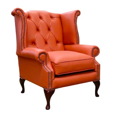 Duke Chesterfield Queen Anne High Back Wing Chair Shelly Flamenco Orange Leather