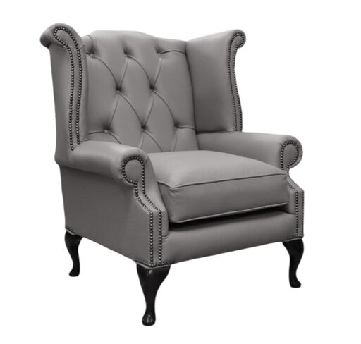 Duke Chesterfield Queen Anne High Back Wing Chair Shelly Silver Grey Leather