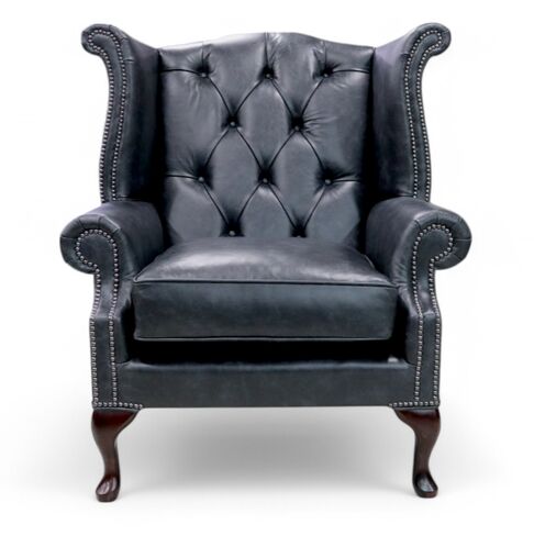 Duke Chesterfield Queen Anne High Back Wing Chair Vintage Graphite Leather