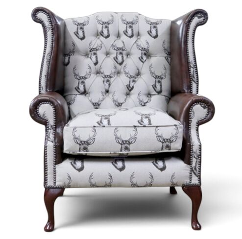 Duke Mini Chesterfield Queen Anne High Back Wing Chair Antique Brown Leather & Antler Chocolate