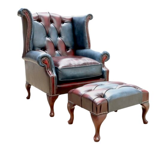 Duke Patchwork Timeless Chesterfield Queen Anne High Back Wing Chair Antique Leather + Footstool