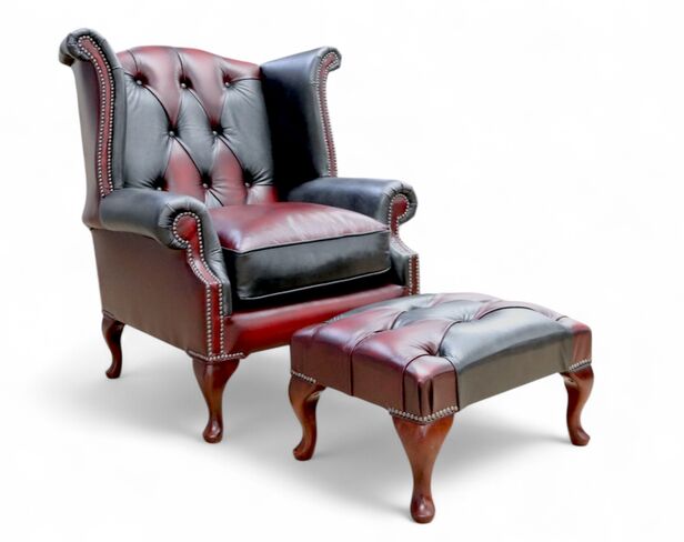 Duke Patchwork Devil Chesterfield Queen Anne High Back Wing Chair Antique Leather + Footstool