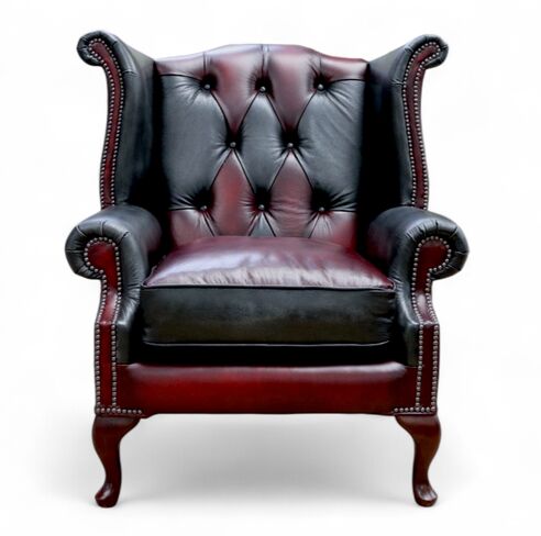 Duke Patchwork Devil Chesterfield Queen Anne High Back Wing Chair Antique Oxblood & Grey Leather